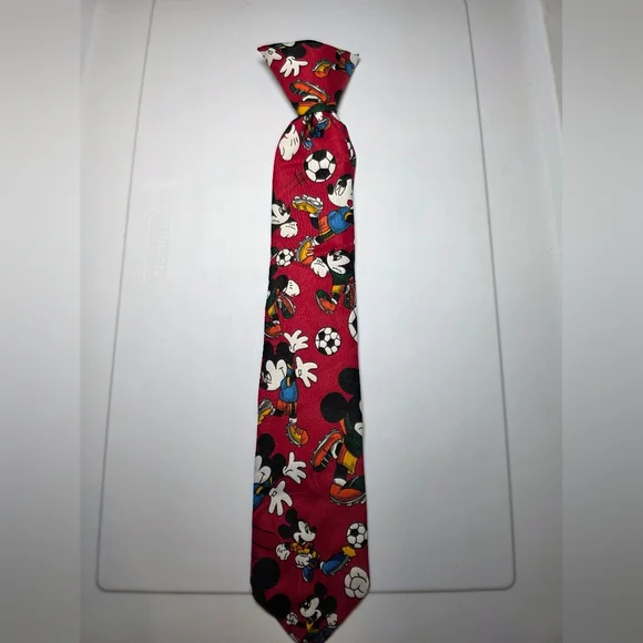 Disney Red Tie with Mickey Mouse and Sports Theme. Clip On.
