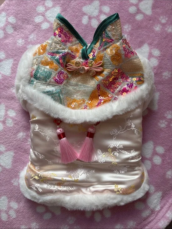 New year Embellished Satin & Faux Fur Pet Hooded Coat - Pink Multicolor