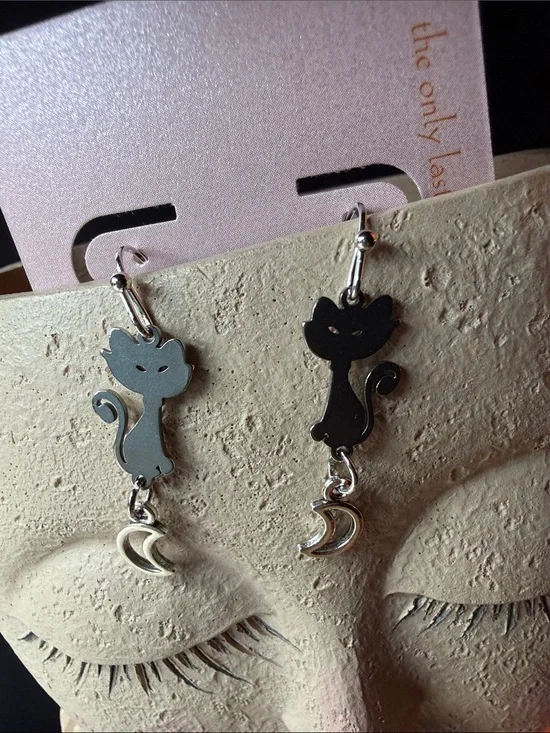Silver Cat Dangle Earrings with Moon Charm - Unbranded