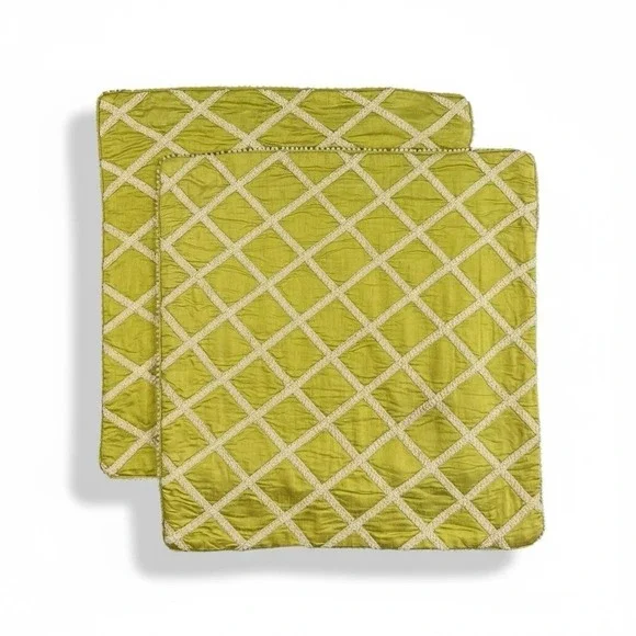 Milli Home by Marsha Cutler Pillow Covers Set of‎ 2 Green Lattice Pearl Trim