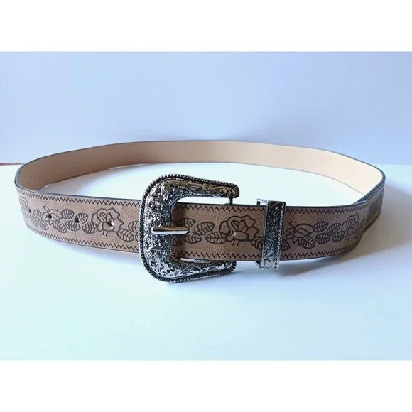 Western Floral Belt Genuine Leather Women's Size 42 Brown Silver Buckle