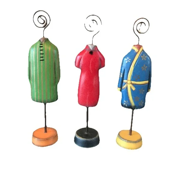 3 Wooden Garment Clothing Hand Carved with Wire Note Photo Holders
