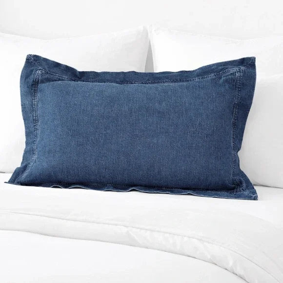 Pottery Barn Heavyweight Denim Pillow Sham Indigo Blue Framed Rustic Coastal EUC