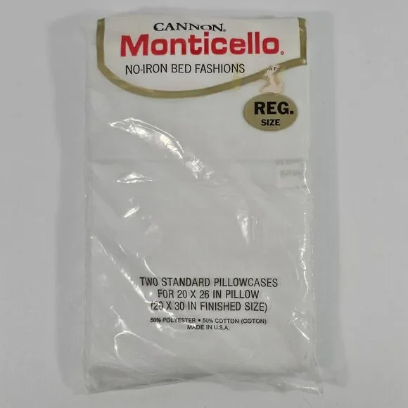 Vintage Cannon Monticello No-Iron Pillowcases 50/50 Cotton Polyester 20x30 White