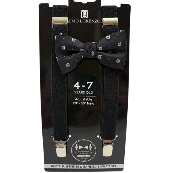 Bow Tie and Suspender Set - Boys 4-7 YRS - NWT - Black W/ Silver Squares