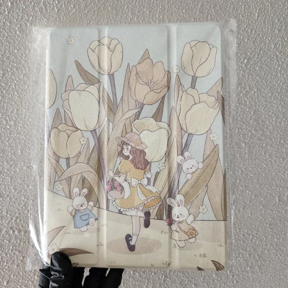 Floral cottagecore trail tulip bunny girl picking flower ipad case 2 way stands