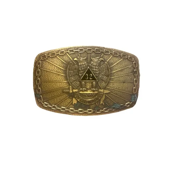 Vintage Belt Buckle Double Eagle Masonic 32 Spes Mea In Deo Est Bronze