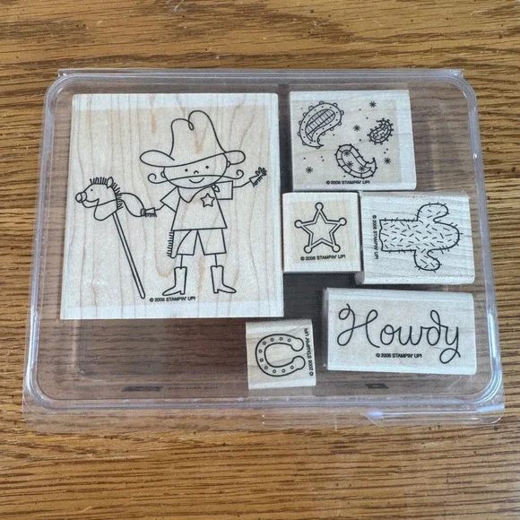 Stampin Up Cowboy Kid Rubber Stamp Set of 6 Wood Mounted Western 2008 Vintage