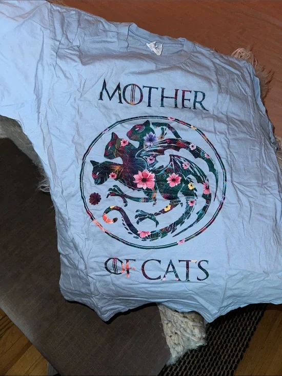 🫐 2/$25 SALE - GOT funny Mother of Cats Floral Graphic T-Shirt - Light Blue