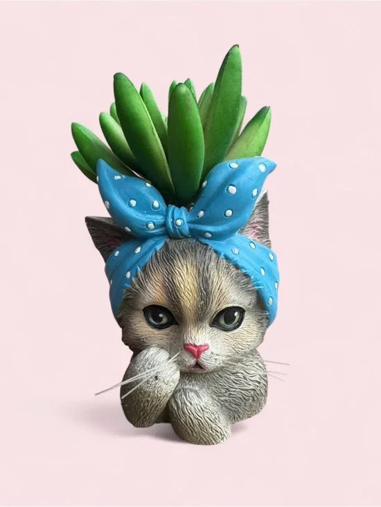 The Bradford Exchange Gray Cat Planter with Blue Polka Dot Headband