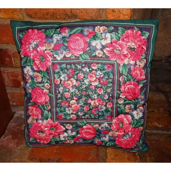 Vintage Pink & Blue Floral Throw Pillow retro country farmhouse decor cottage