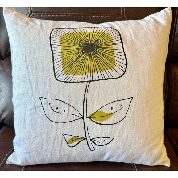 Modern Linen Floral Pillow 20x20 Mustard Yellow Black Print‎ w/ Feather Insert