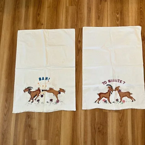 Vintage Hand Painted Set of 2 Pillow Cases W/Billy Goats