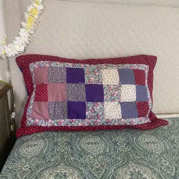 Patchwork Quilted Pillow Sham in Burgundy and Purple Patchwork cottagecore