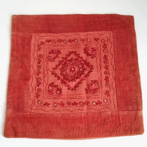 Vintage Antique Muted Orange Velvet and Cotton Patchwork Pillow Sham from India