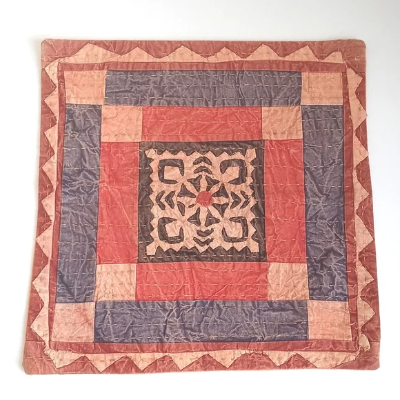 Vintage Orange & Blue Patchwork Batik Pillow Sham from India 16”x16 1/2”