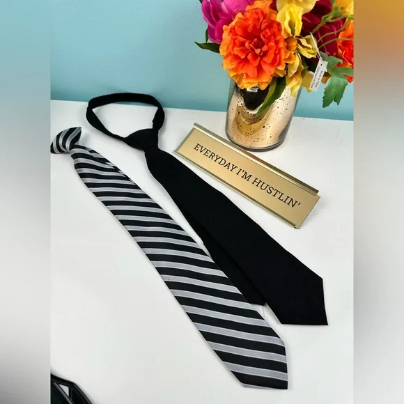 Set of 2 ties : classic black and Black and Gray Striped Tie for boys