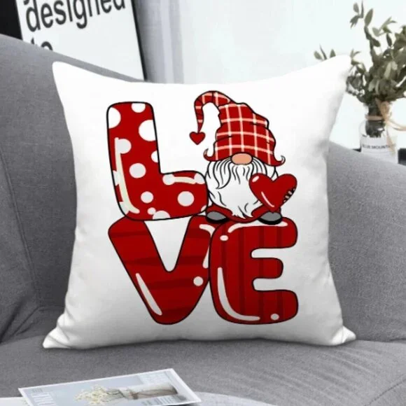 Red Gnome Love and Heart Pillow Cover NWT