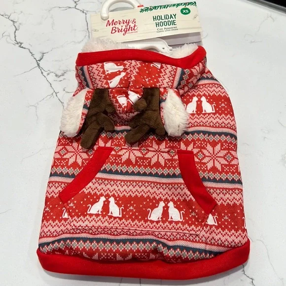 Cat holiday hoodie with reindeer ears on hood