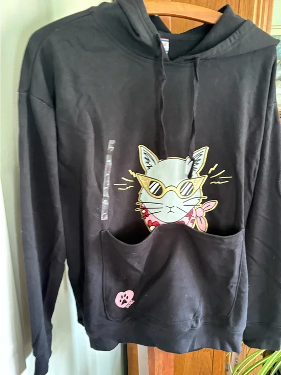 BOBS From Sketchers Black Hoodie Featuring a graphic cat