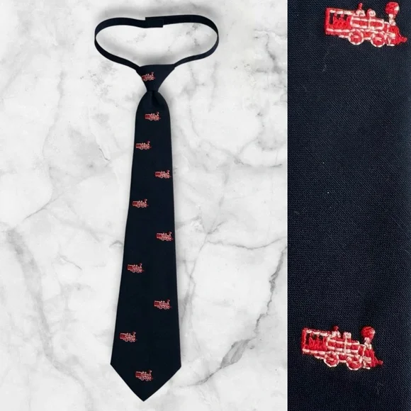 JANIE & JACK Wool Necktie Navy With Red Trains Hook Loop Closure Size Age 6 Up‎