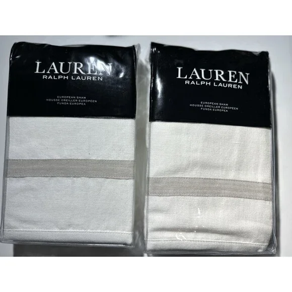 (2) Ralph Lauren CAROLYNE FRAME OFF WHITE GRAY LINEN Euro Shams 26x26 NEW