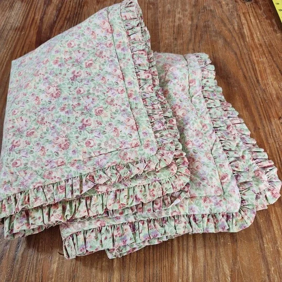 Pair Vtg Laura Ashley Pink Roses Floral Standard Pillow Shams Ruffle Shabby Chic