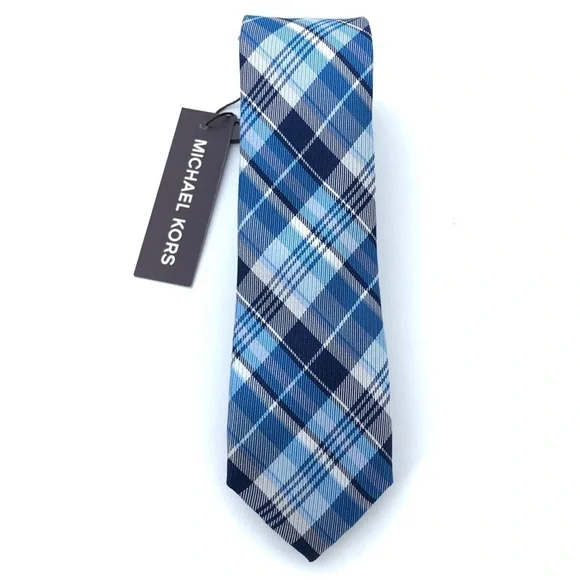 MICHAEL KORS Boys White Blue Plaid Slim 100% Silk Neck Tie
