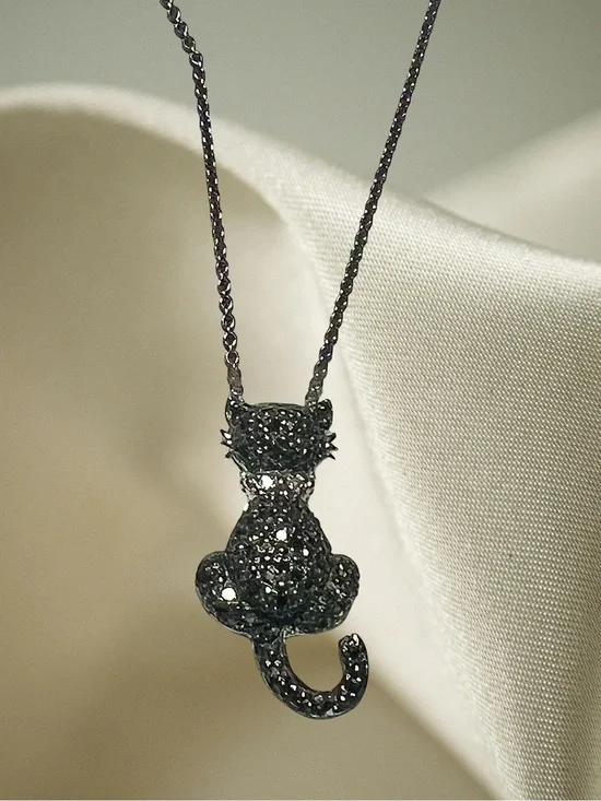 Sterling Silver 1/10 ctw. Black & White Diamond Cat Pendant Necklace 18”
