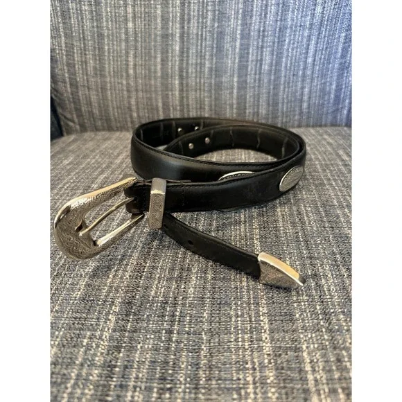 Leather Belt Top Grain Leather Black Silver Buckle. 42
