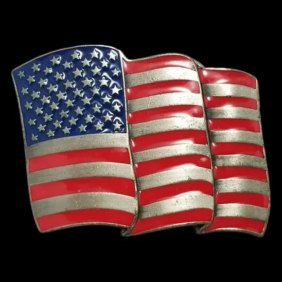 Waving American Flag Pewter Belt Buckle USA Patriotic Stars and Stripes Siskiyou