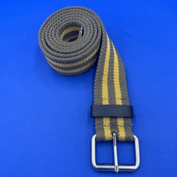 Striped Woven Web Belt Silver Buckle Grommet Yellow Gray Size 45 Mens Gorpcore