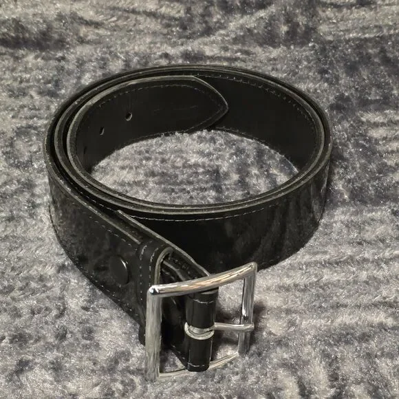 Boston Leather Patton Leather Belt 44 Black Heavy Duty Silver Buckle 1 5/8