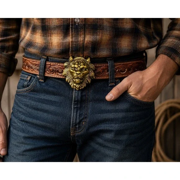 Vintage Lion Head Buckle Belt Full Grain Leather Tooled Western USA Size 48