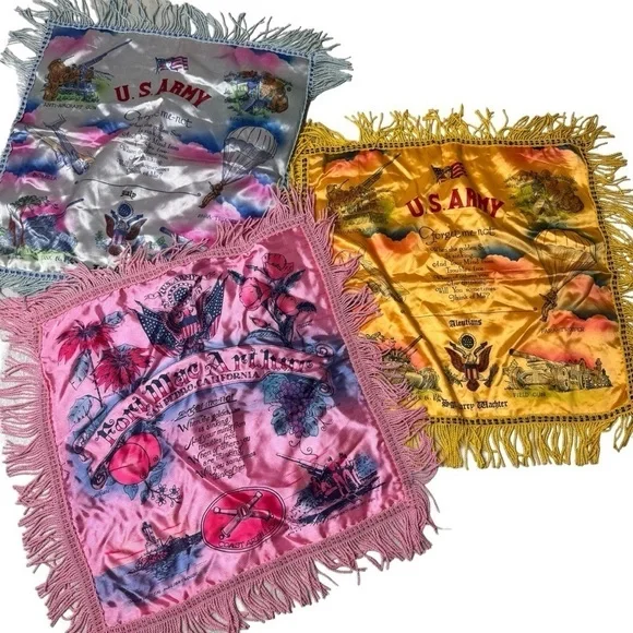 Vintage US Army satin fringe pillow case WWII souvenir pillow cases