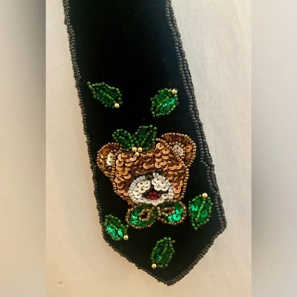 Milor Boys Black Velvet Neck Tie with Holiday Sequin Bear & Holly Detail