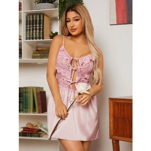 Size 12 XL Satin Lace Panel Ruffle Trim Knot Front Babydoll Slip