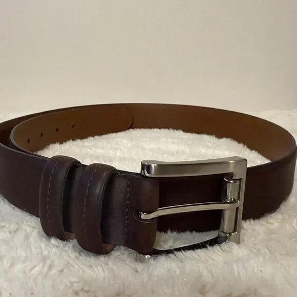 Van Heusen Genuine Leather Classic Brown Belt Silver Hardware Minimalist Size 40