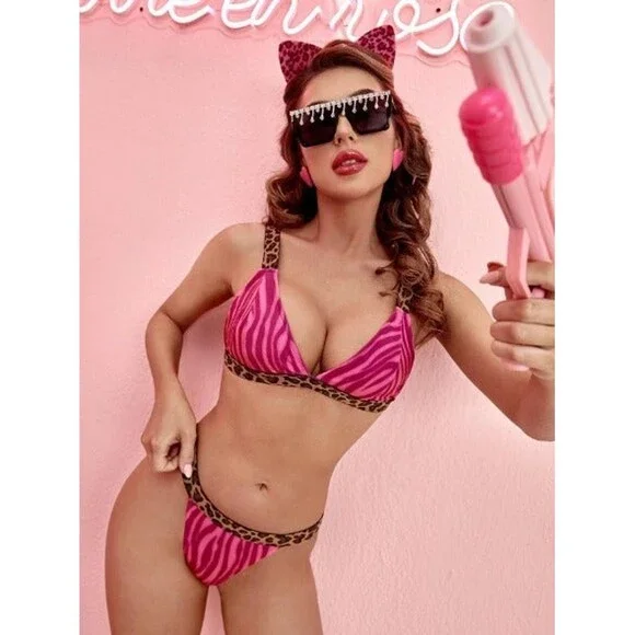 Size 10 Large Zebra Striped & Leopard Thong Animal Costume Set & Hair Hoop