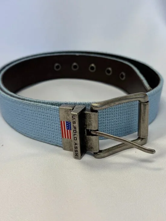 U.S. Polo Assn. Light Blue Canvas Men's Belt with American Flag Buckle Size 34