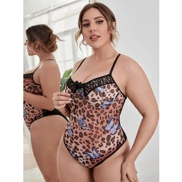 14 Plus (1X) Leopard Contrast Lace Teddy Bodysuit