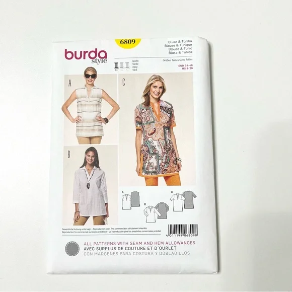 Burda Style 6809 Blouse & Tunic Sewing Pattern | Easy | US 8–20