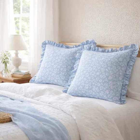 2 NWOT Laura Ashley VTG Euro Shams Light Blue Ground w White Botanical Sprig