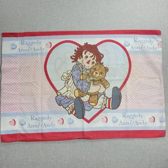 Vintage Raggedy Ann & Andy Pillowcase 29x20 Fabric Panel Red Hearts Gingham