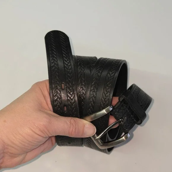 Genuine Leather Basketweave Belt Mens 36 Black Embossed Made in USA 8401