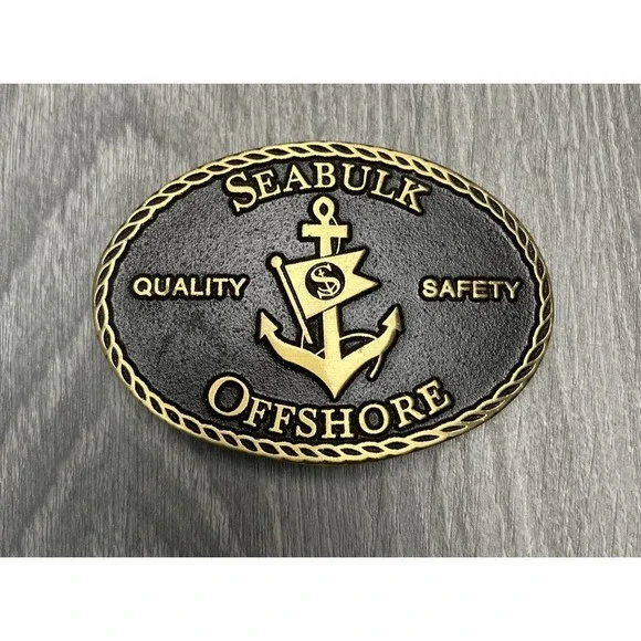 Seabulk Offshore Advertising Belt Buckle Quality Safety Anchor Brass Tone Black