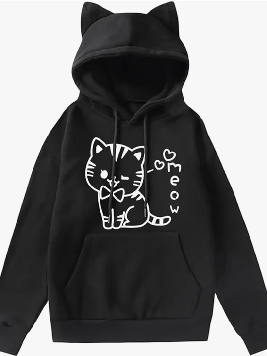 Cat Meow Hoodie - Black Cute Cat Pullover