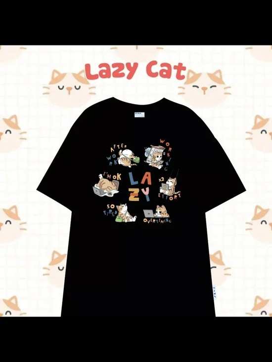 Lazy Cat Black Graphic Cat T-Shirt - Size M
