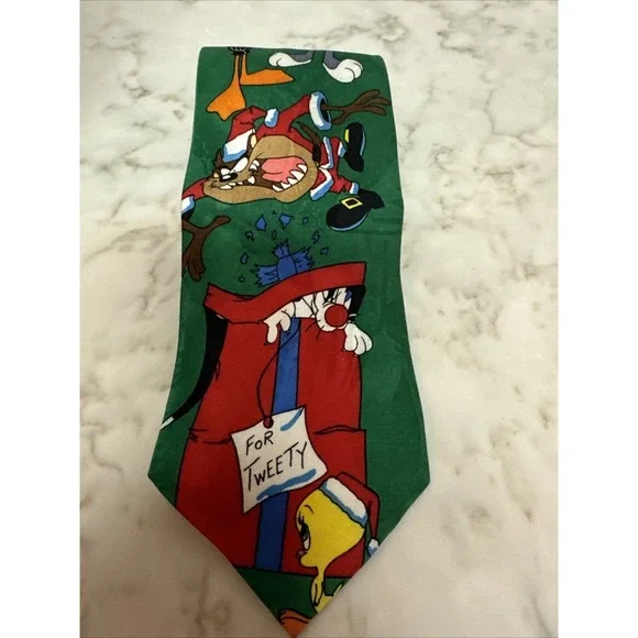 Looney Tunes Christmas tree Necktie vintage 1990s Bugs Bunny Santa tweety 58x4