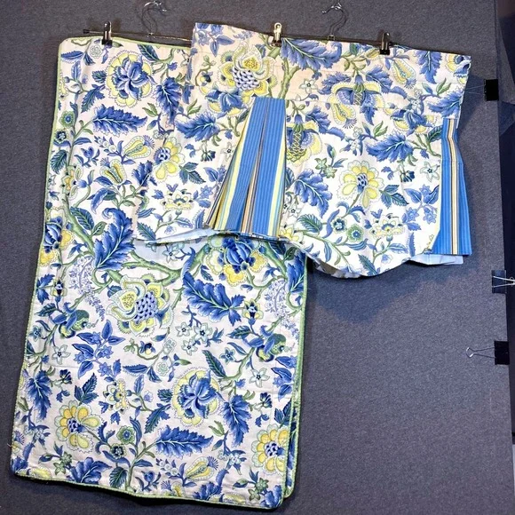 2 Waverly Floral Valance and King Shams Set Blue Yellow Green Botanical